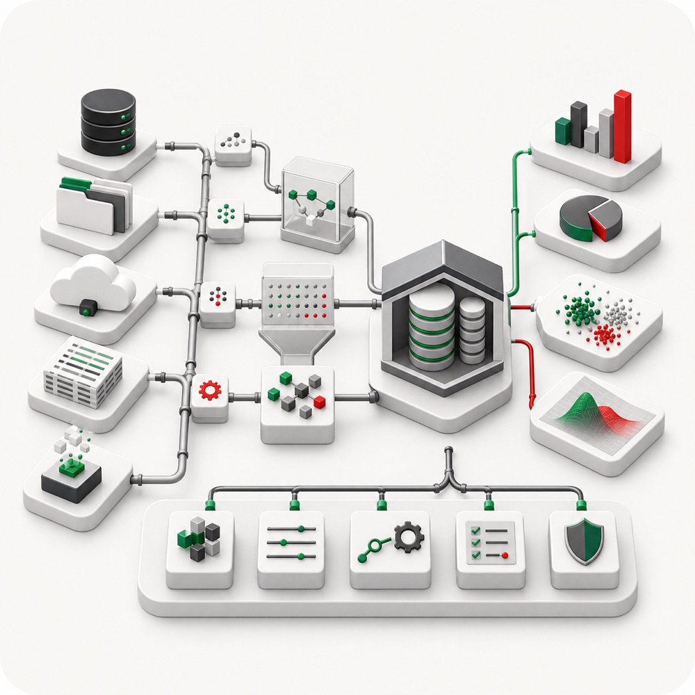 Illustration of data sources flowing through pipelines and analytical models into reliable software outputs