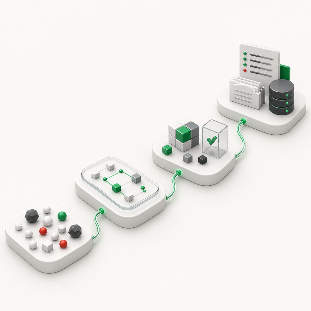 Four connected stages progressing from an uncertain problem to a verified, documented system