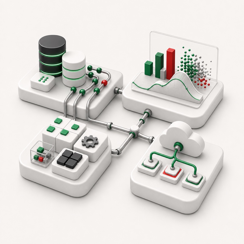 Four connected modules representing data engineering, analytics, software systems, and cloud delivery