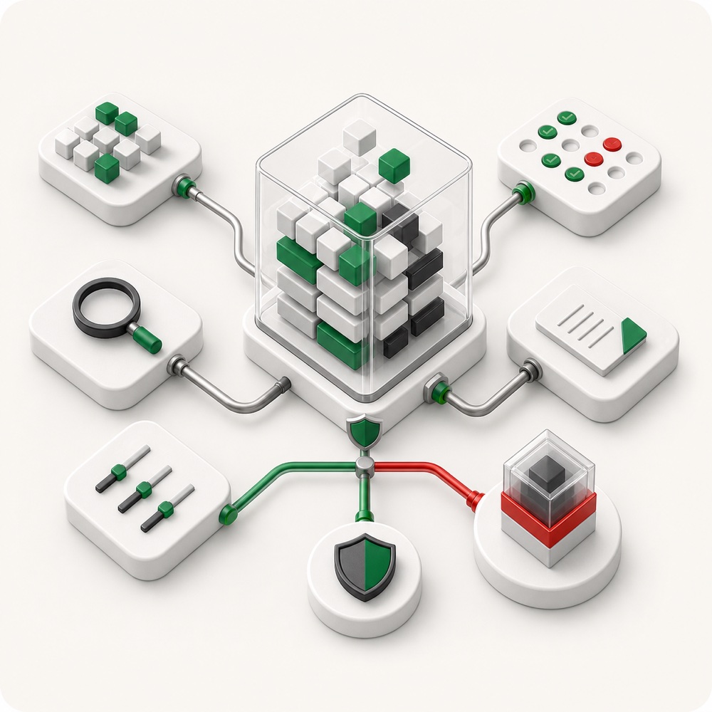 Transparent repository connected to inspection, testing, documentation, and release controls